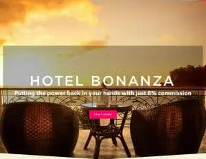Hotel bonanza logo seen on top of a terrace with a sunset