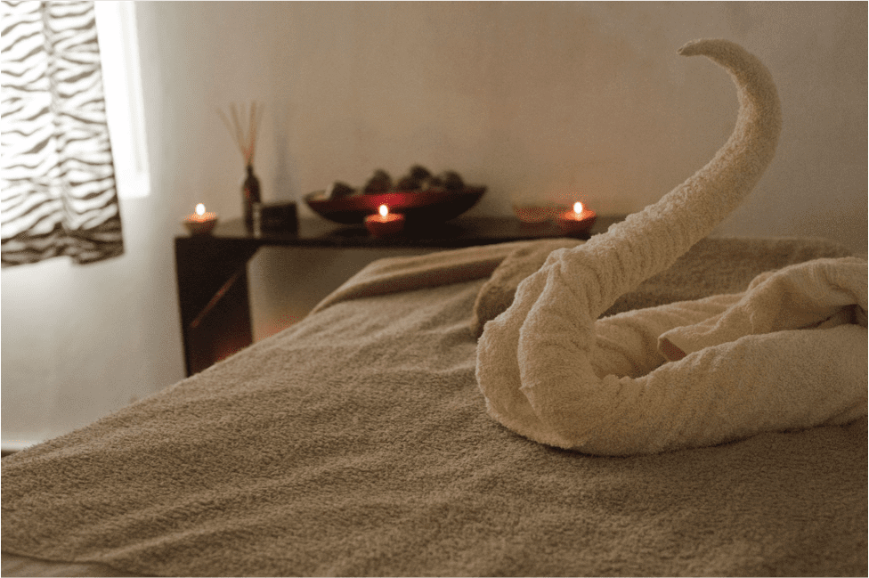 Swan folded out of a towel on top of a hotel bed