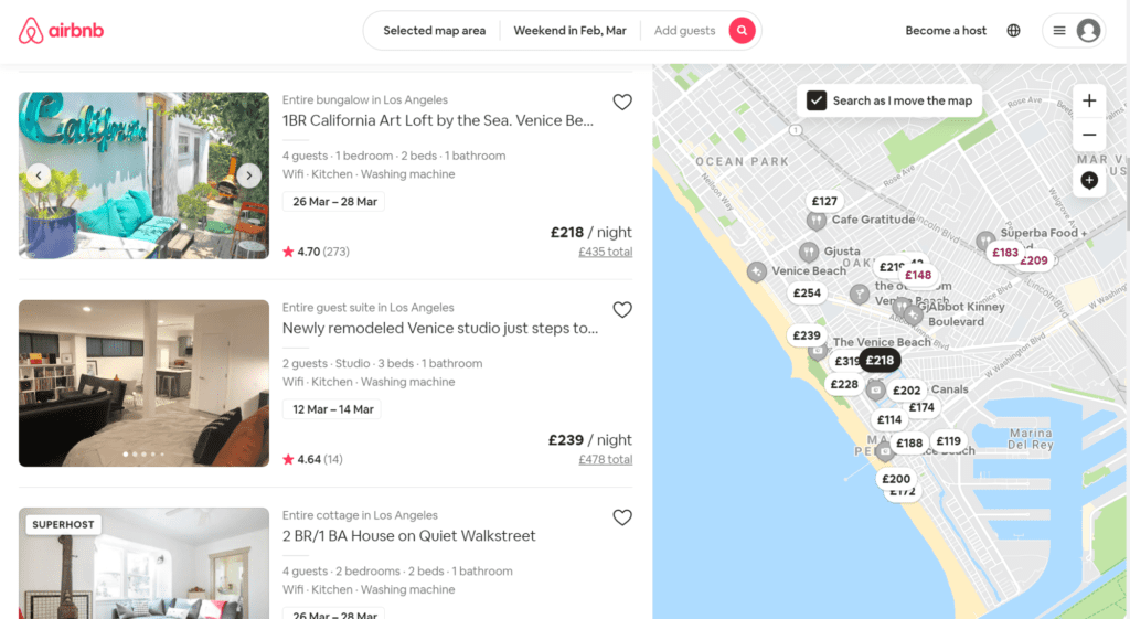 Searching for places on Venice Beach, courtesy of Airbnb
