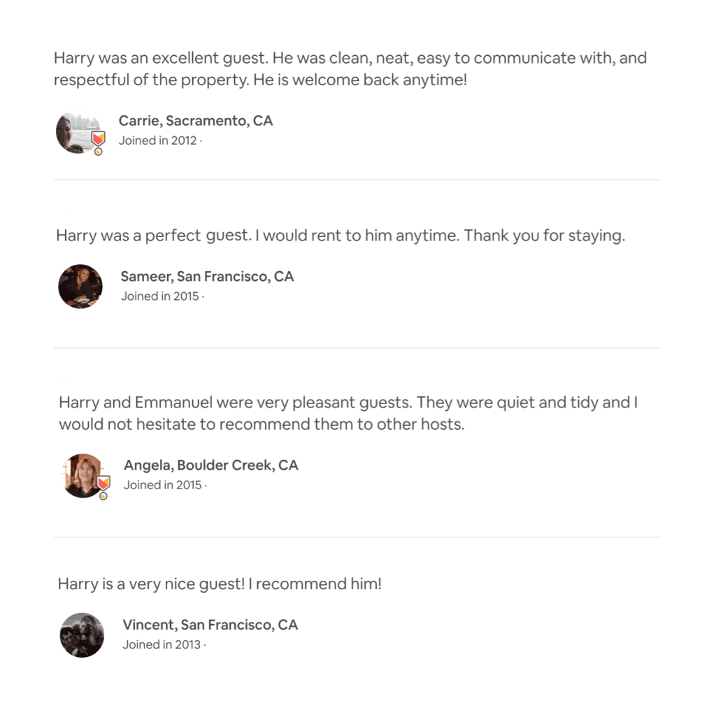 Screenshot of Airbnb Host Reviews on a guest’s profile page