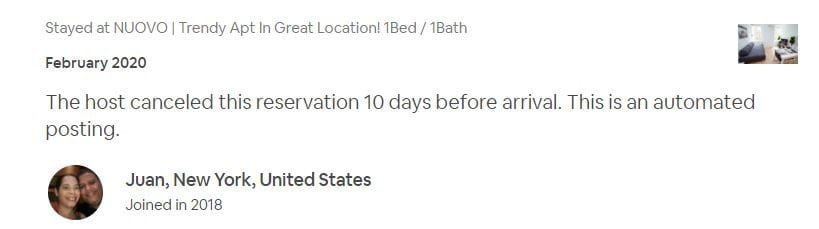 A screenshot of an Airbnb automated cancellation post