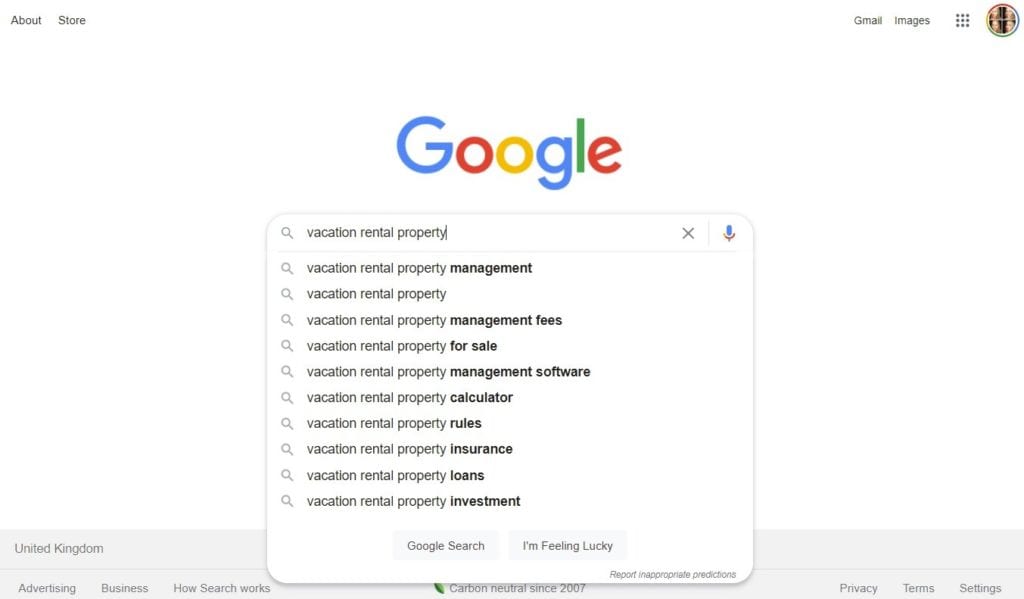 Google keywords search screenshot
