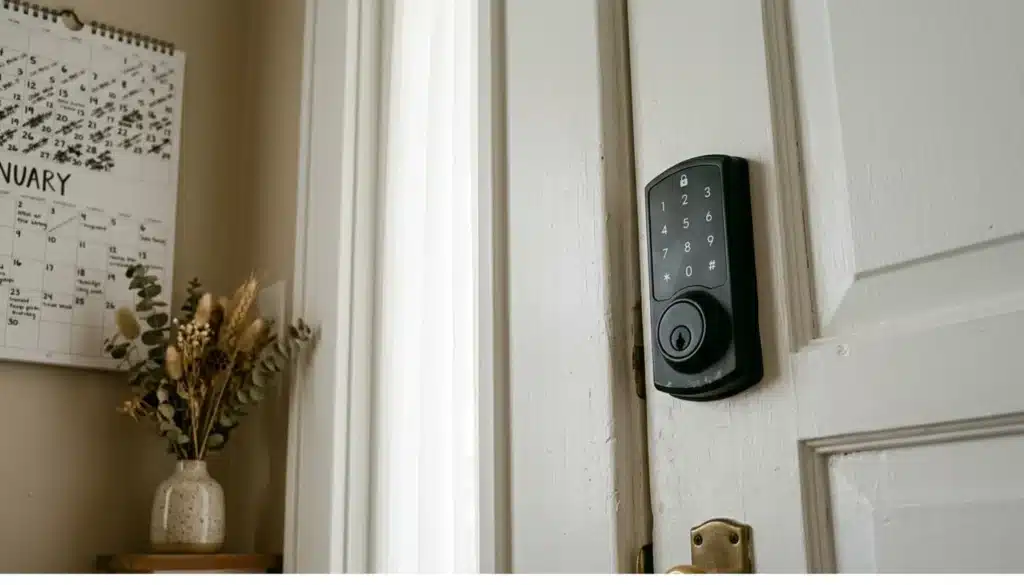 Matte-black smart-lock keypad on a white door beside a wall calendar with marked dates — best tools for Airbnb hosts
