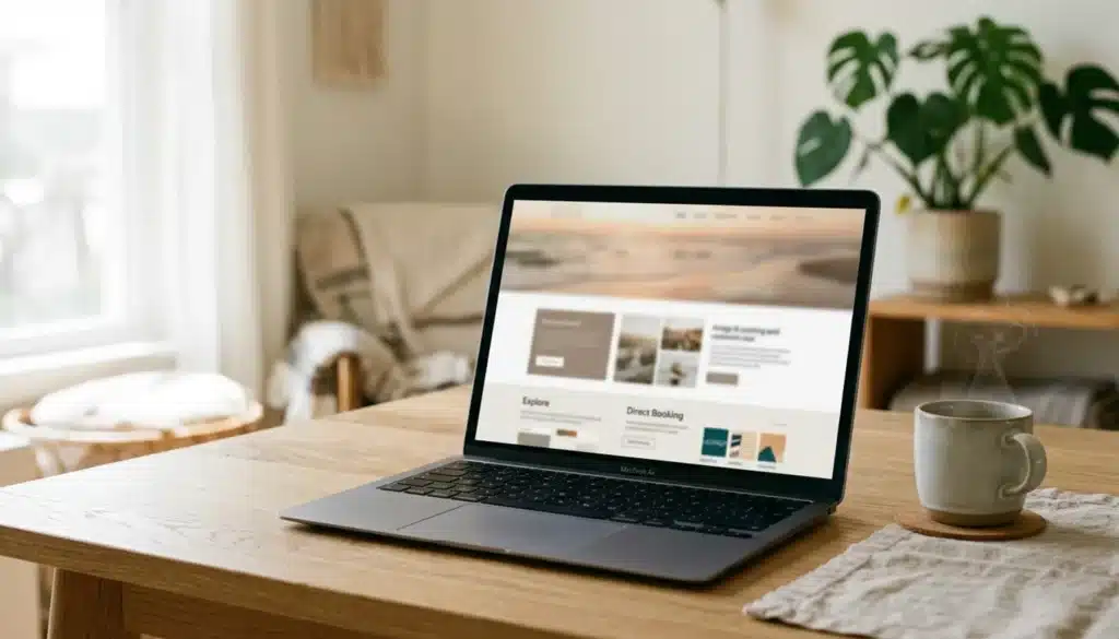 Laptop on oak desk displaying abstract vacation rental direct booking website layout — vacation rental marketing ideas concept
