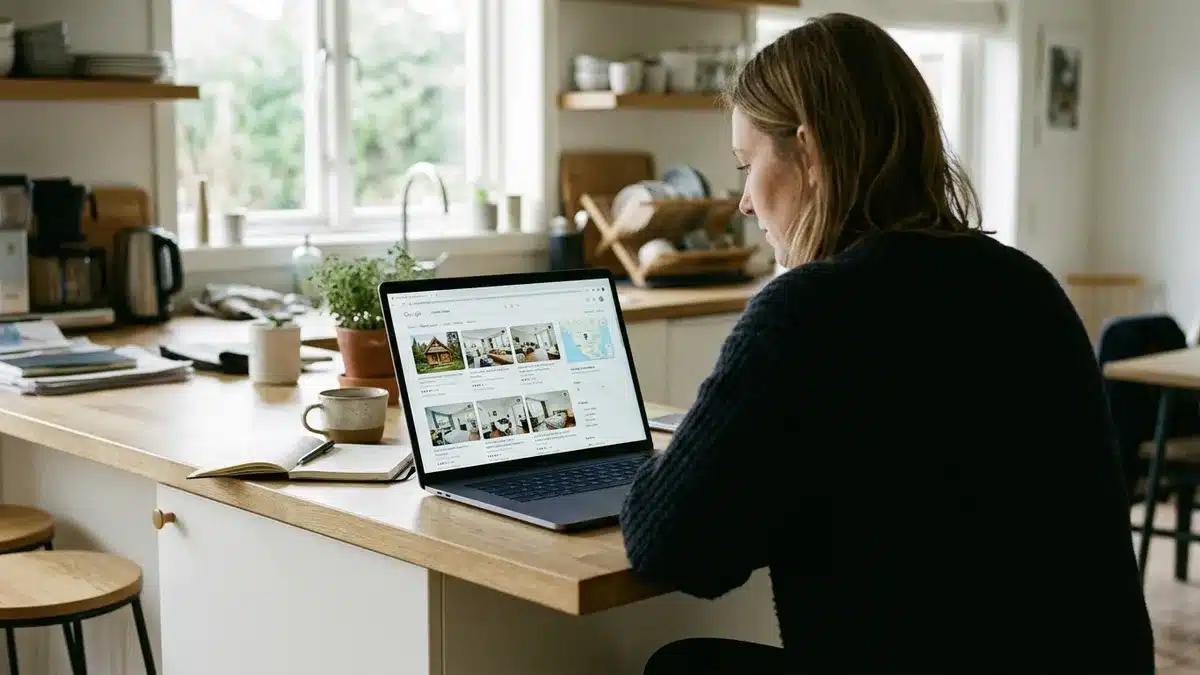 Host reviewing vacation rental website traffic growth on laptop with search results