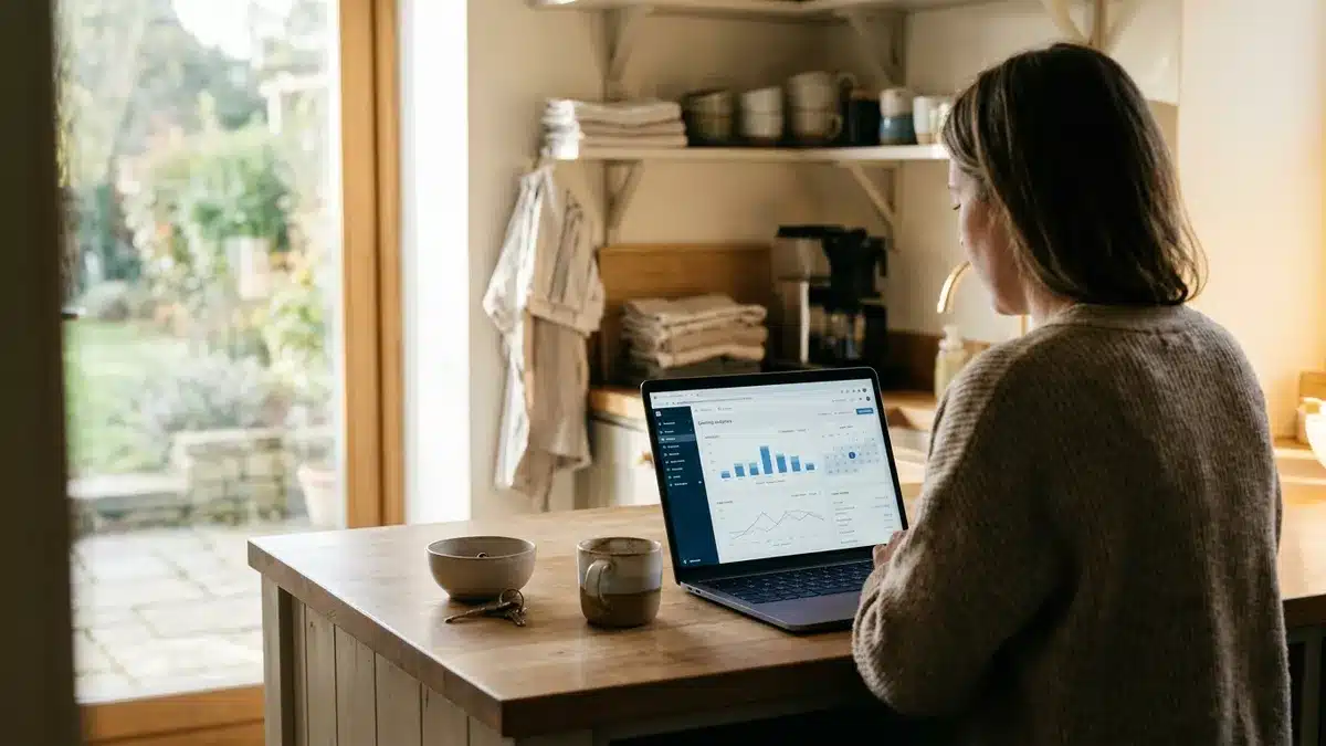 Vacation rental host tracking content marketing results to increase direct bookings on a laptop