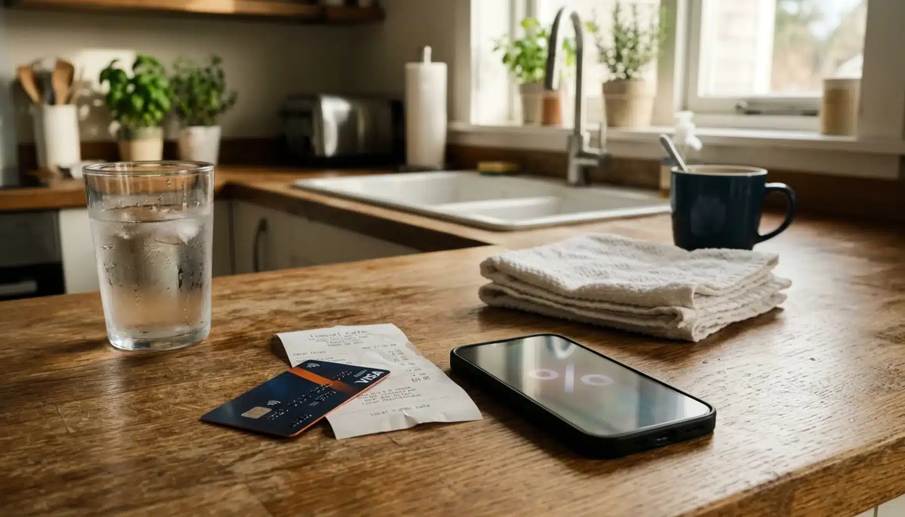 Airbnb calculator concept shown with a card and receipt beside a phone glowing with a percentage shape on a rental counter