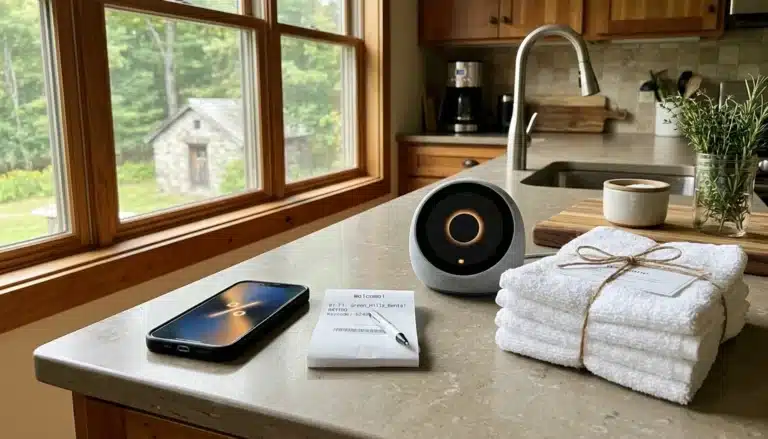 Phone showing an abstract commission glow beside a smart hub, symbolizing fees on airbnb like websites