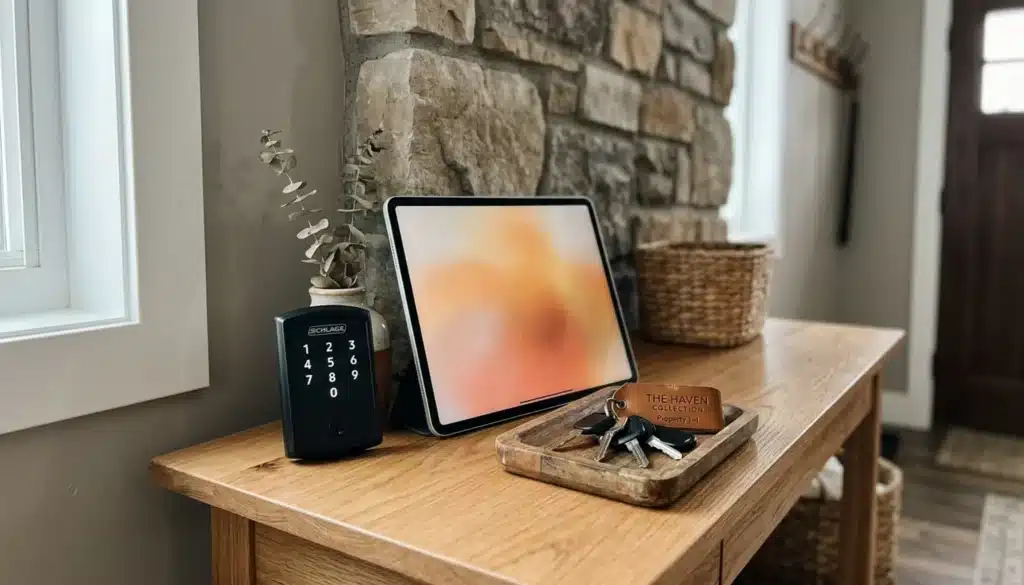 Smart-lock keypad and tablet on entryway table representing best PMS for short term rentals