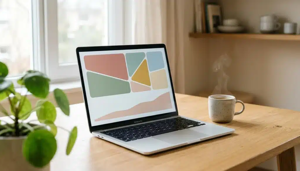 Laptop screen showing abstract color-segmented chart representing booking source channels for vacation rentals
