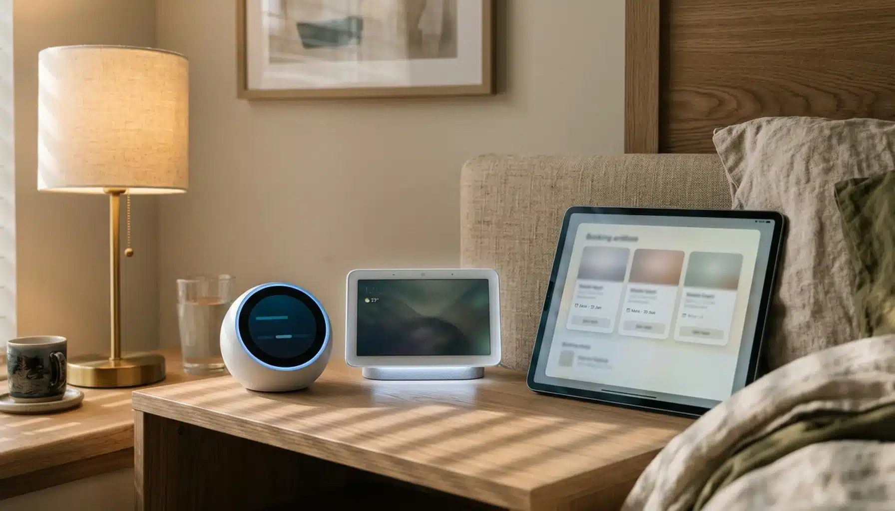 Smart-home hubs and a tablet with abstract booking cards representing competitors of Airbnb for hosts