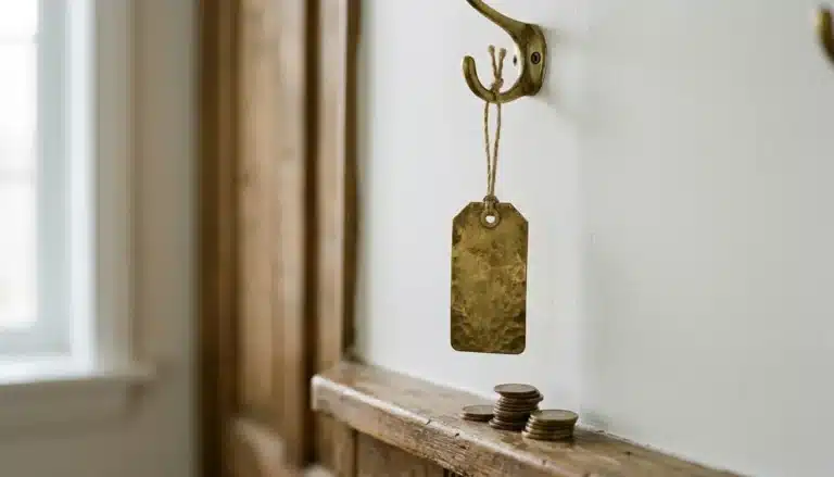 Brass price tag and small coin stack on a wooden ledge — how much does Airbnb charge hosts visualized