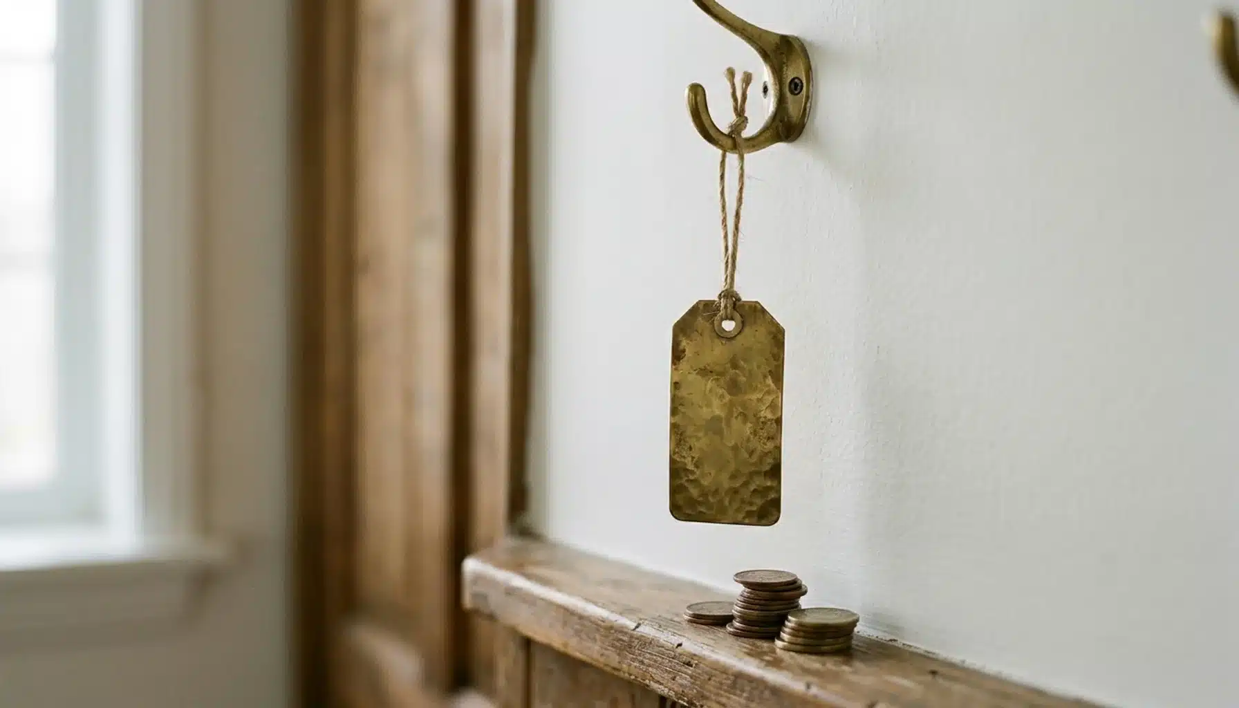 Brass price tag and small coin stack on a wooden ledge — how much does Airbnb charge hosts visualized