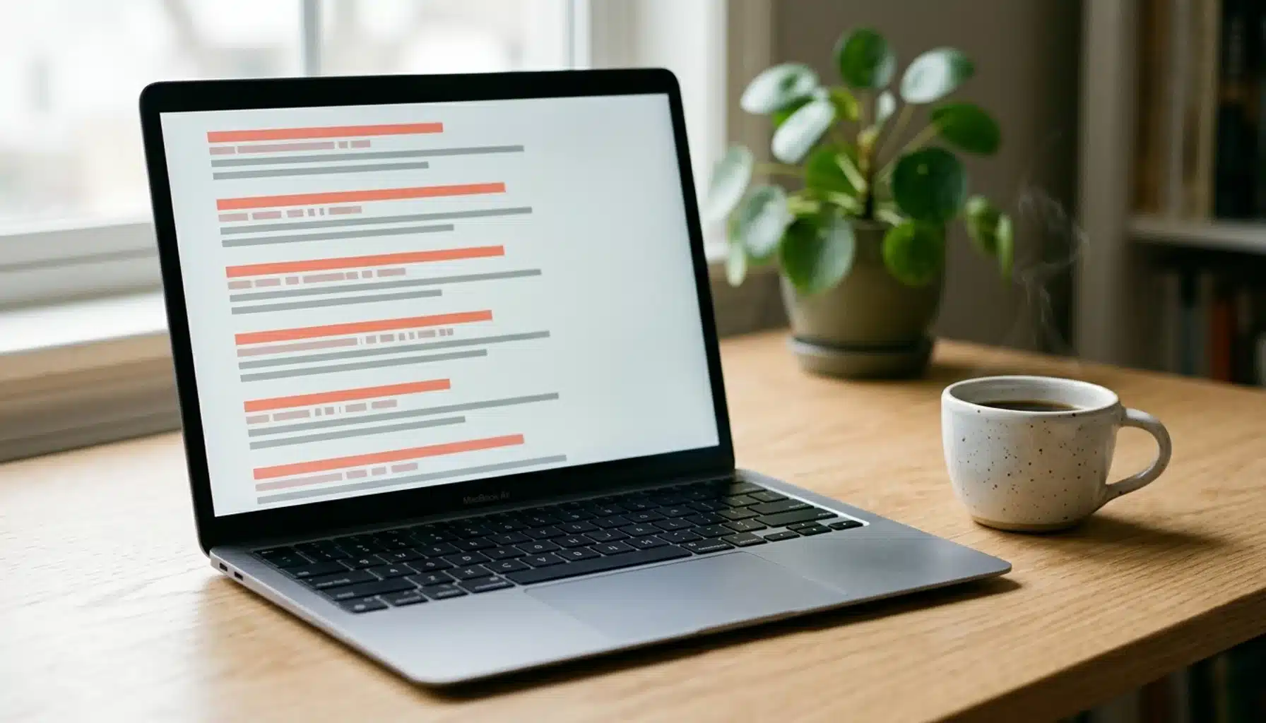 Laptop on oak desk showing abstract search results layout — illustrating how to get listed on Google Vacation Rentals