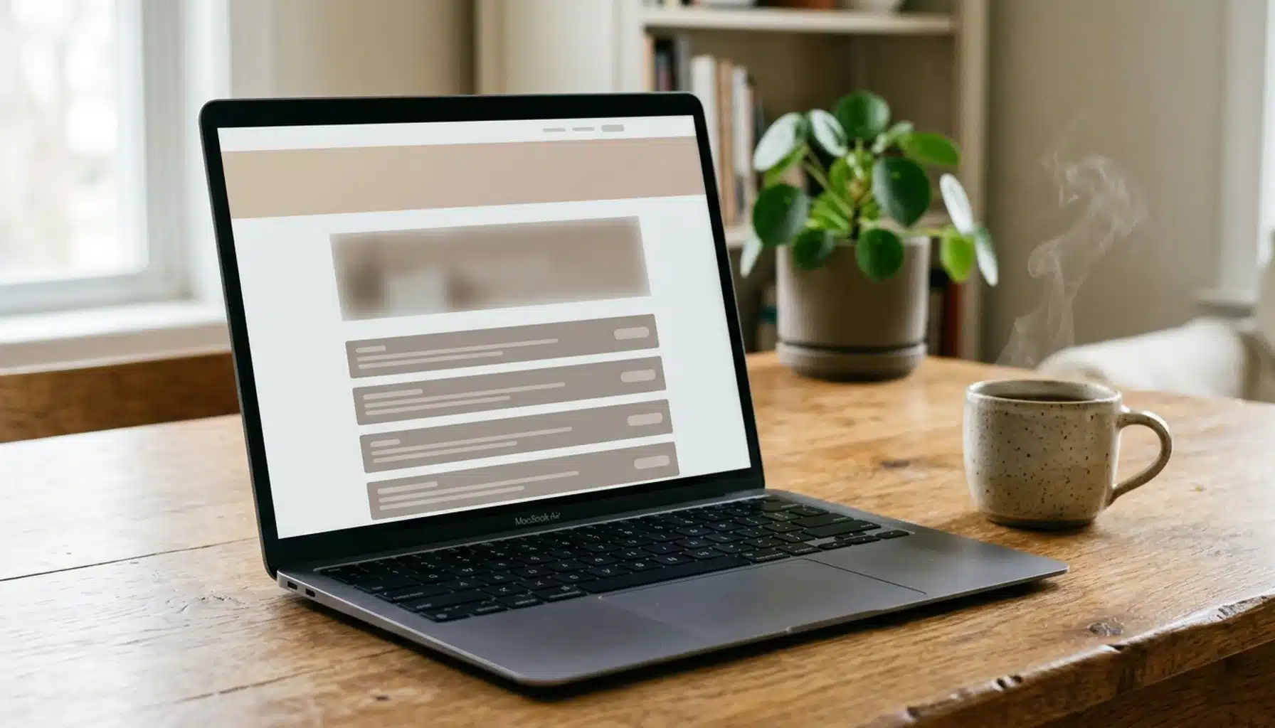 Laptop on oak desk showing abstract wireframe homepage layout — how to get more direct bookings for short-term rental hosts