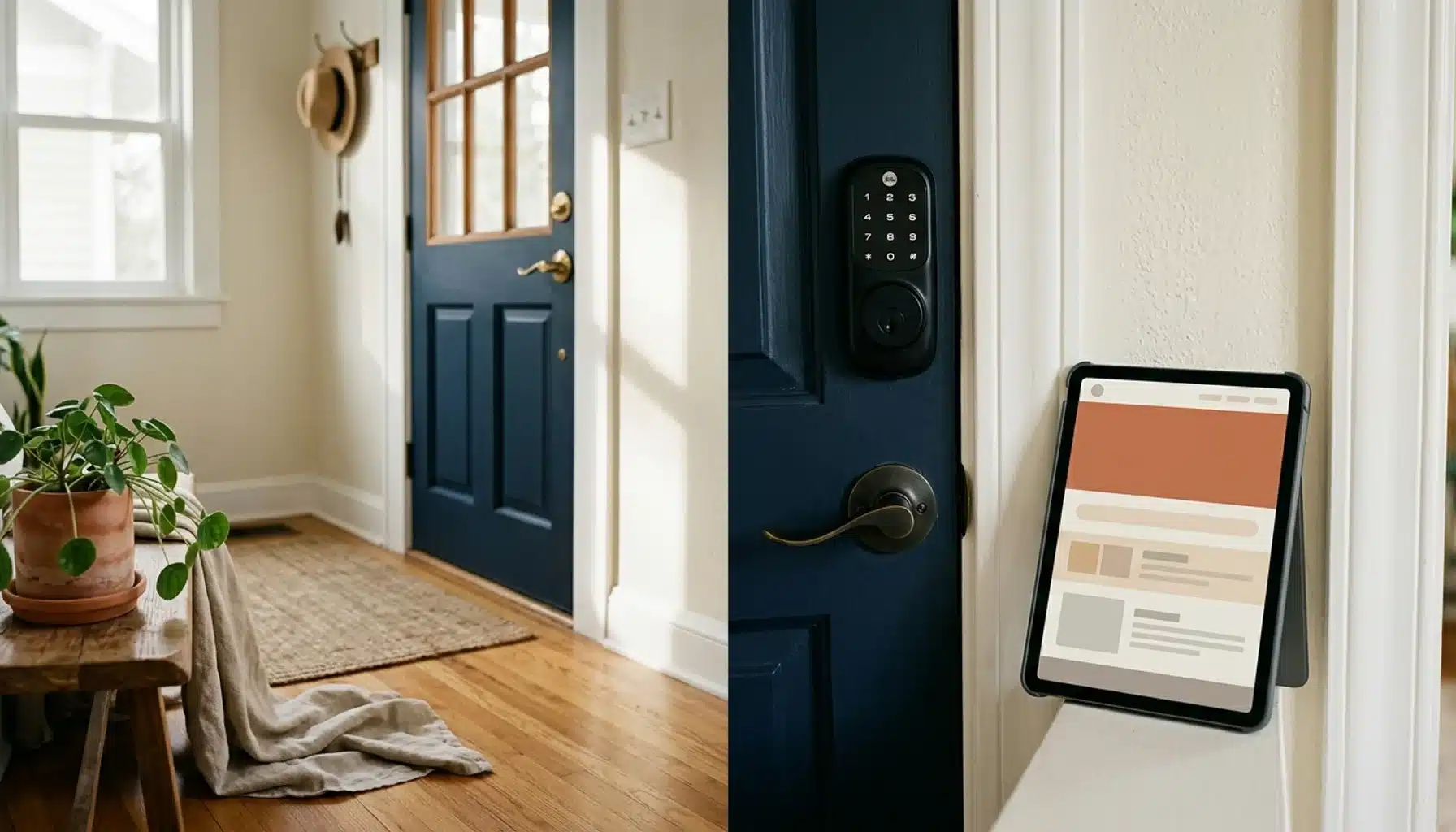 Smart lock keypad and tablet showing a direct booking website layout, illustrating how to grow vacation rental business