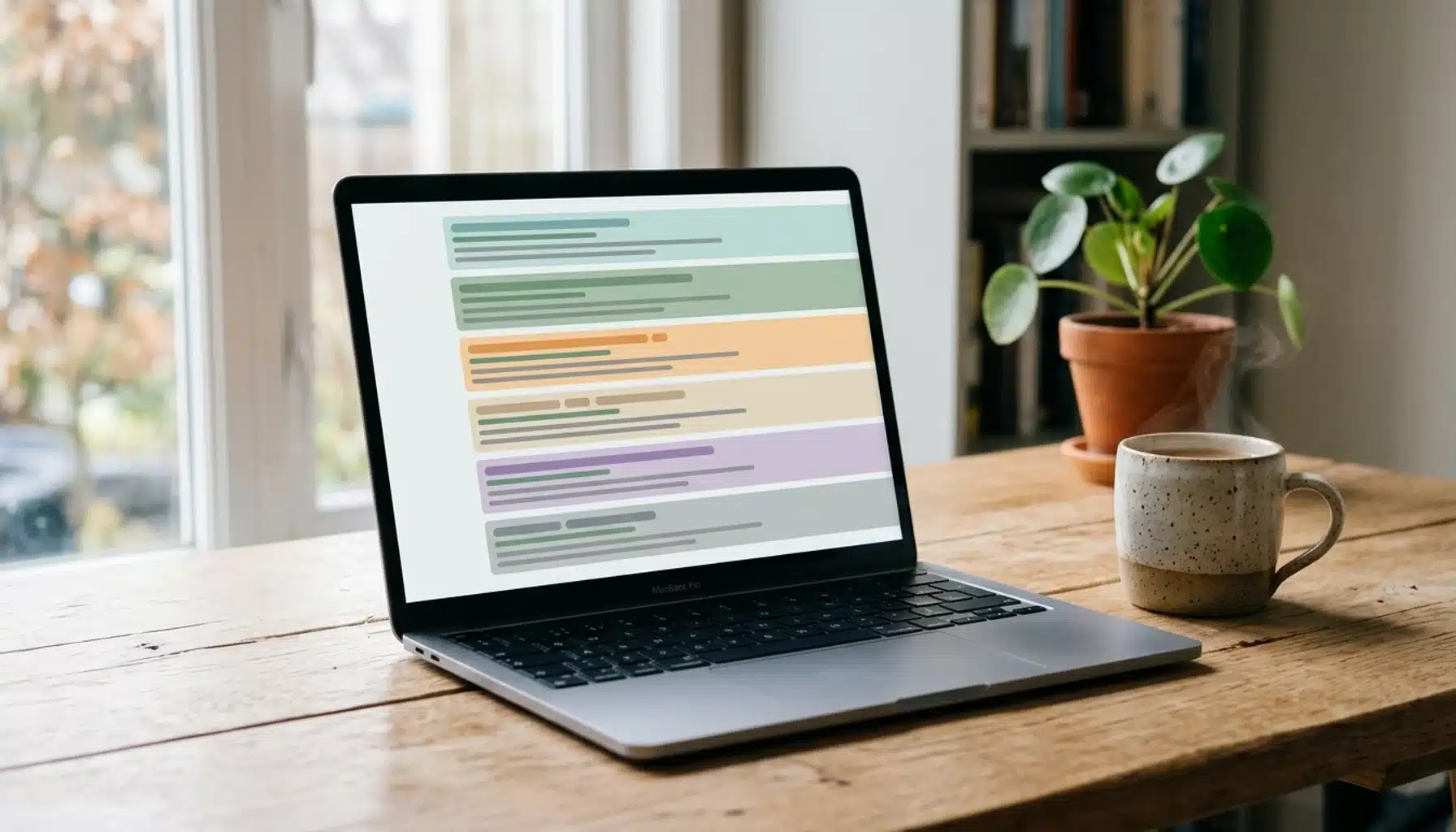 Laptop showing abstract search-result rows illustrating how to improve Airbnb listing SEO and ranking