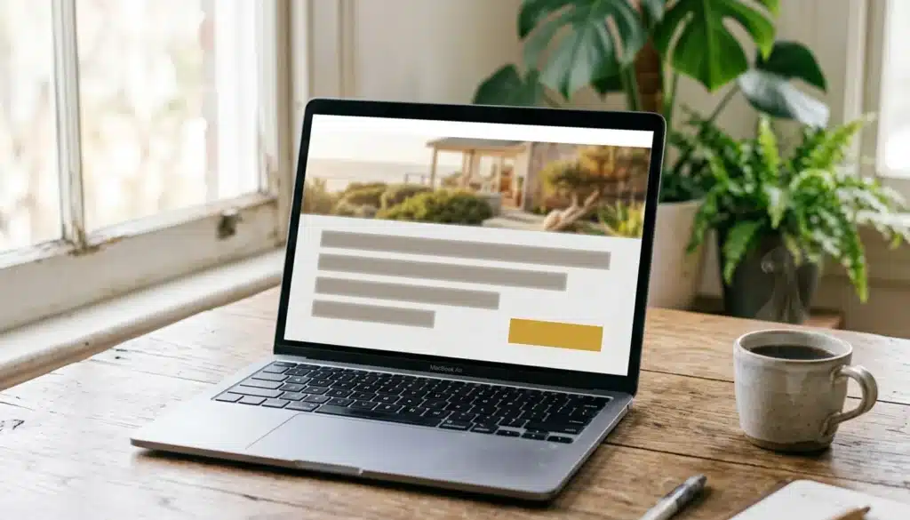 Laptop showing an abstract vacation rental website wireframe layout, illustrating how to launch a vacation rental website fast