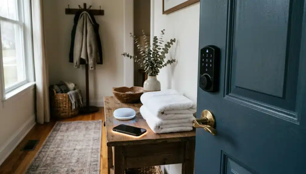 Smart lock keypad and smart home hub at a vacation rental door, illustrating how to manage vacation rental remotely