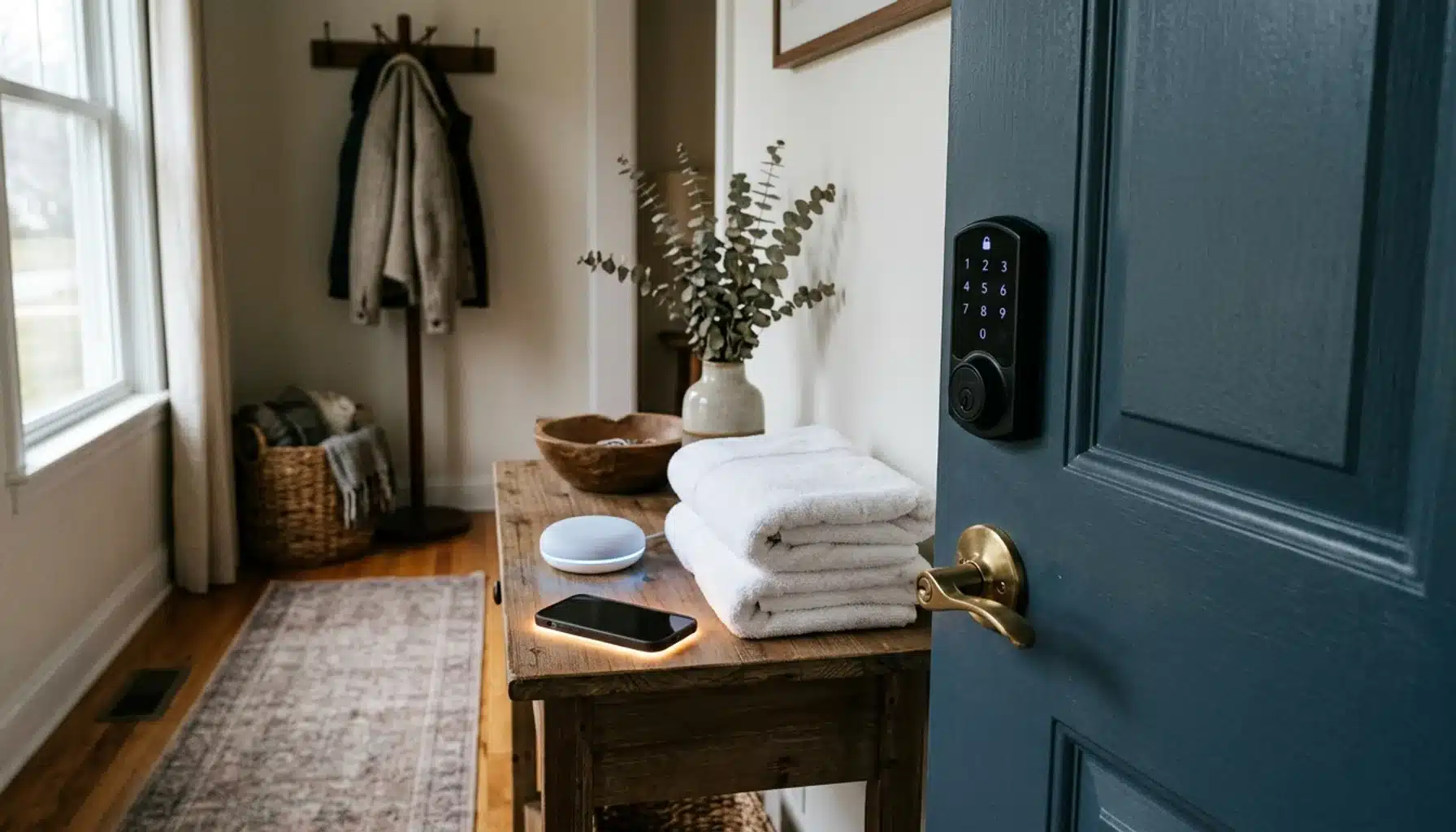 Smart lock keypad and smart home hub at a vacation rental door, illustrating how to manage vacation rental remotely