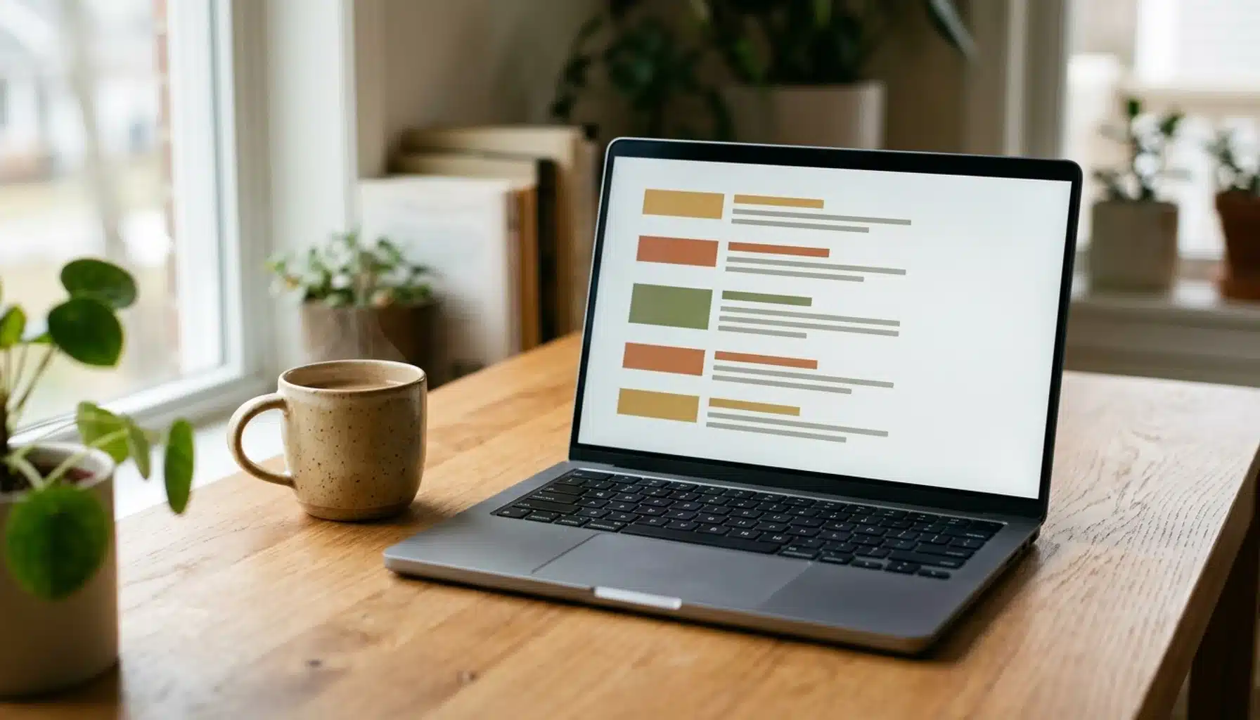 Laptop showing an abstract search-results layout, illustrating how to rank a vacation rental website on Google