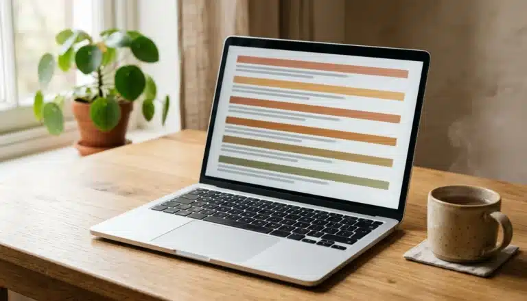 Laptop screen showing abstract search-results rows illustrating how to rank a website on Google
