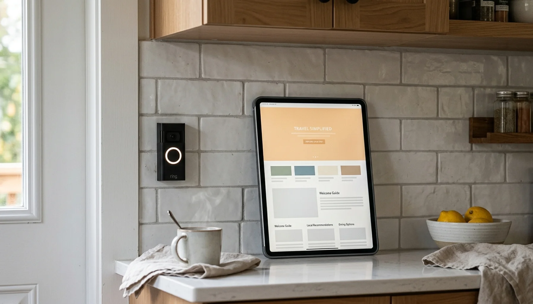 Tablet showing an abstract booking website layout beside a smart doorbell, illustrating how to set up a direct booking site