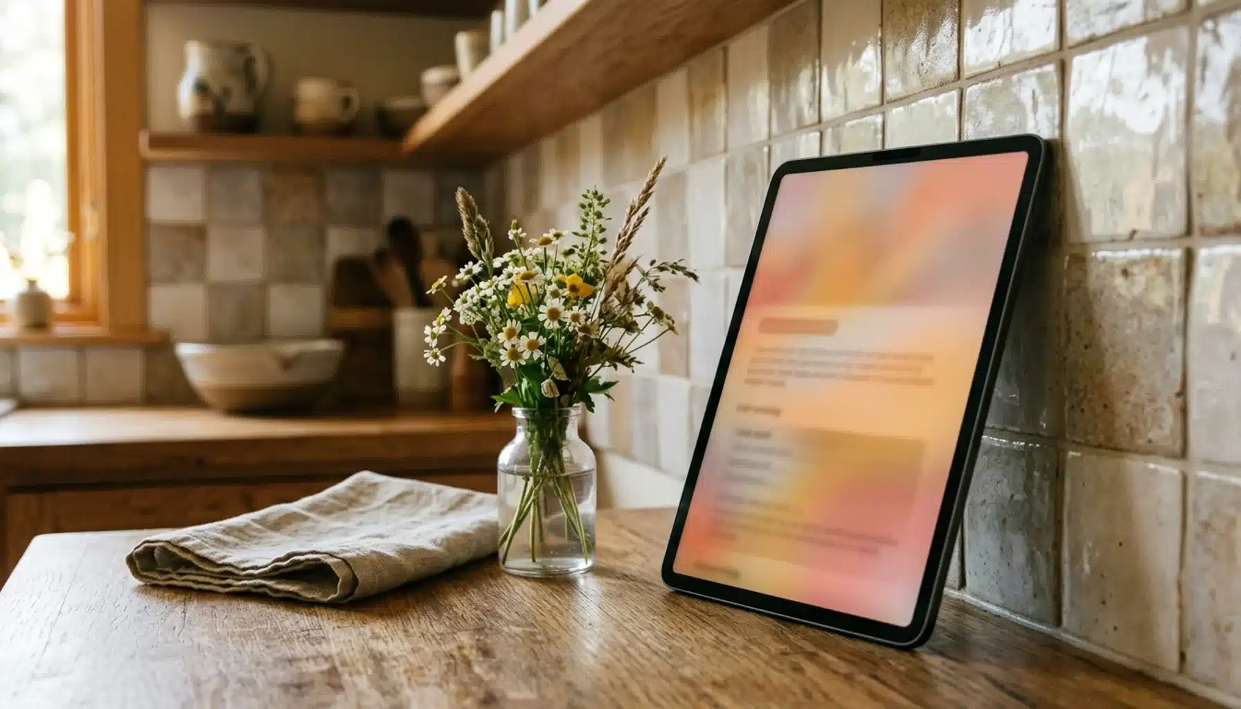 Tablet with abstract warm color wash beside a fresh flower, illustrating how to write a vacation rental listing description