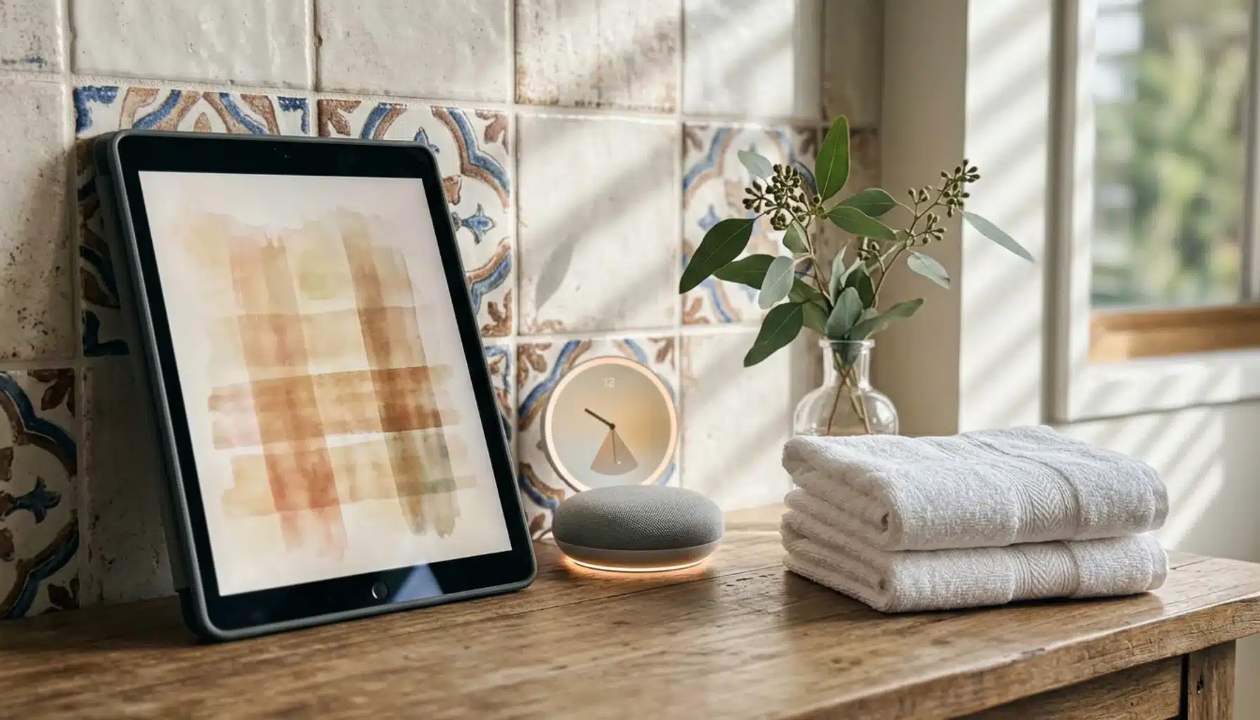 Smart-home hub and tablet with abstract booking grid, tools for short term rental managers scene