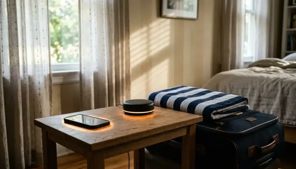 Smart-home hub with soft glowing LED automating guest messaging while host is on owner vacation