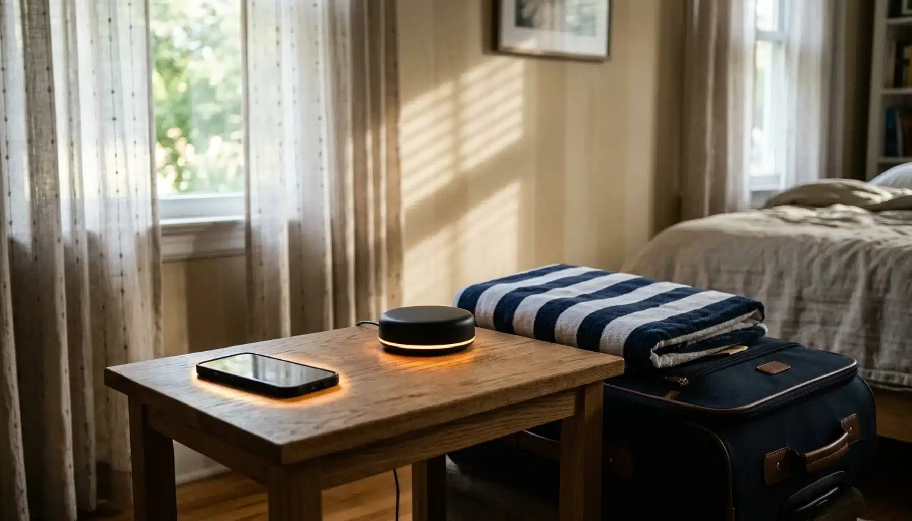 Smart-home hub with soft glowing LED automating guest messaging while host is on owner vacation