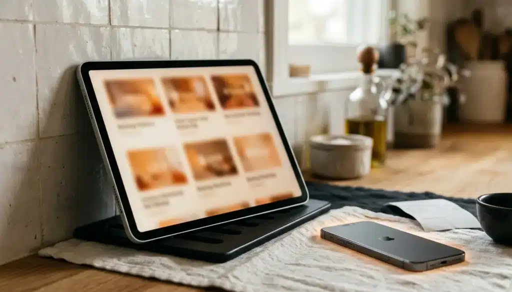 Tablet showing an abstract directory grid of booking platform cards, illustrating sites similar to Airbnb for hosts