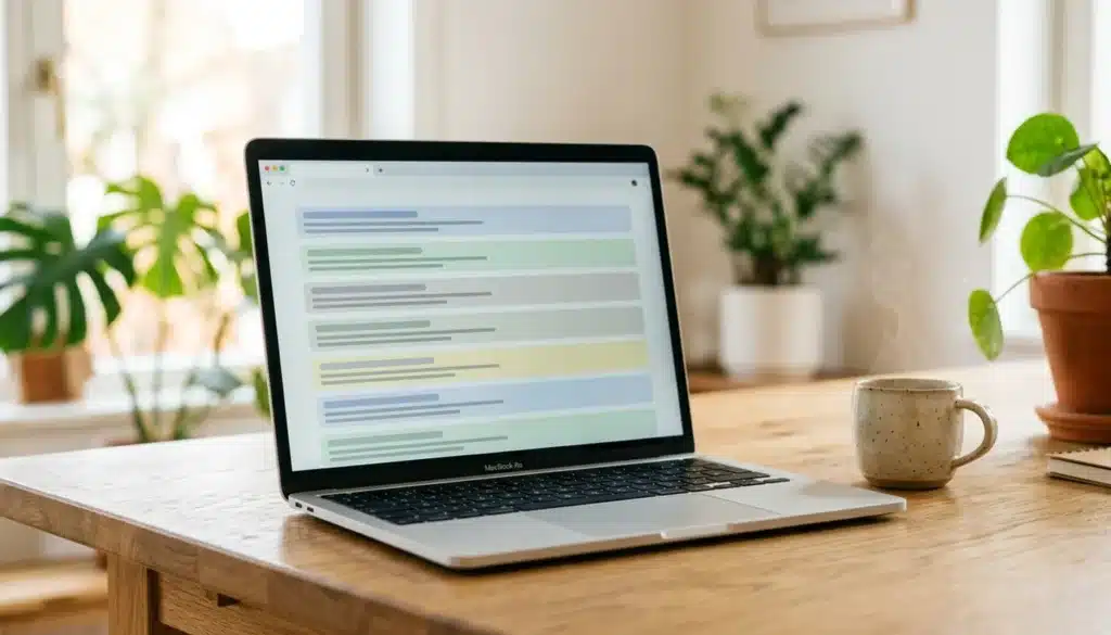 Laptop screen showing abstract search-result rows illustrating vacation rental SEO tips for ranking higher