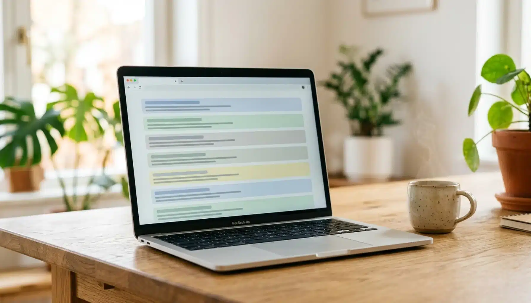 Laptop screen showing abstract search-result rows illustrating vacation rental SEO tips for ranking higher