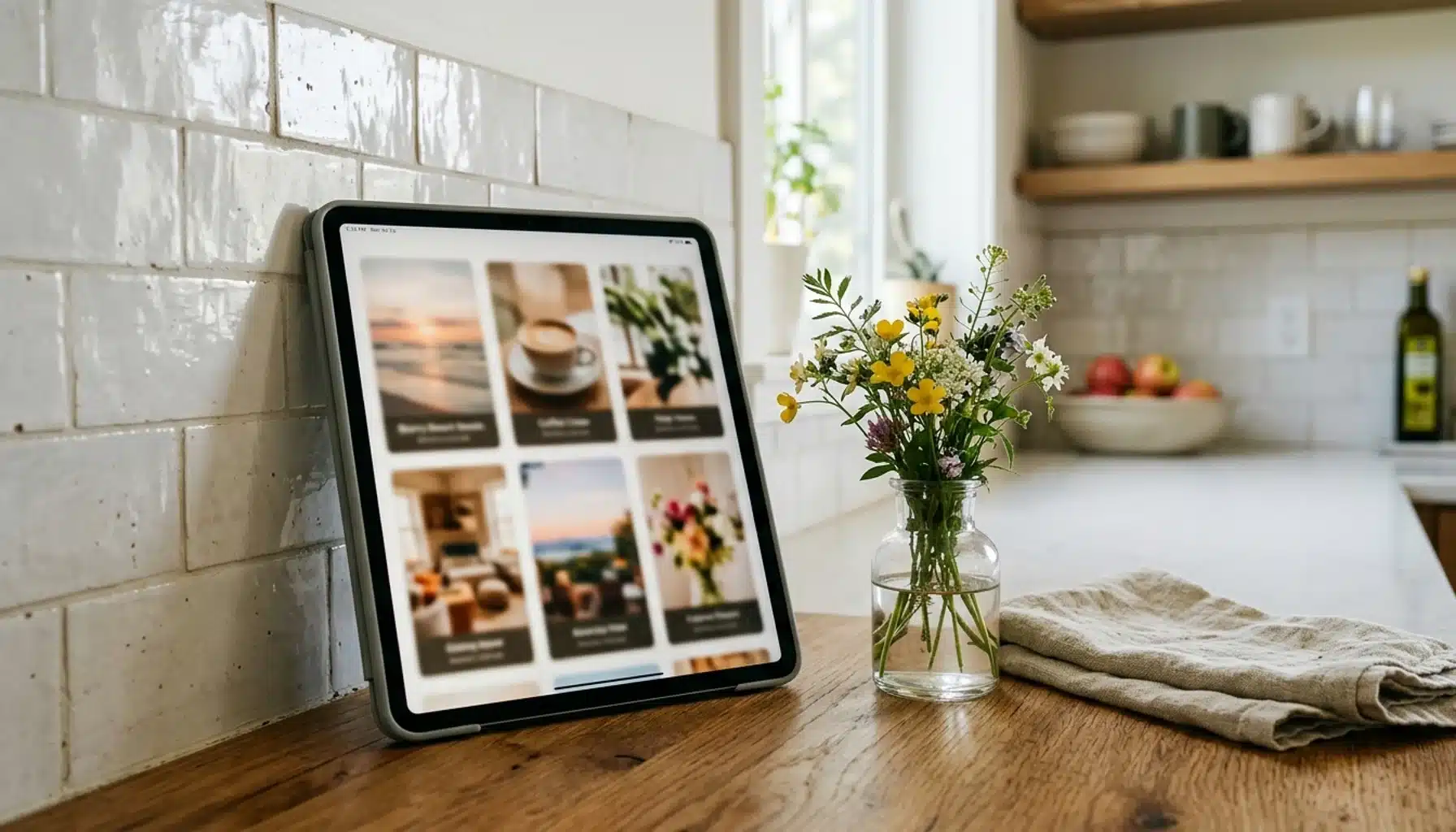 Tablet with abstract social content grid beside fresh flowers, illustrating vacation rental social media strategy