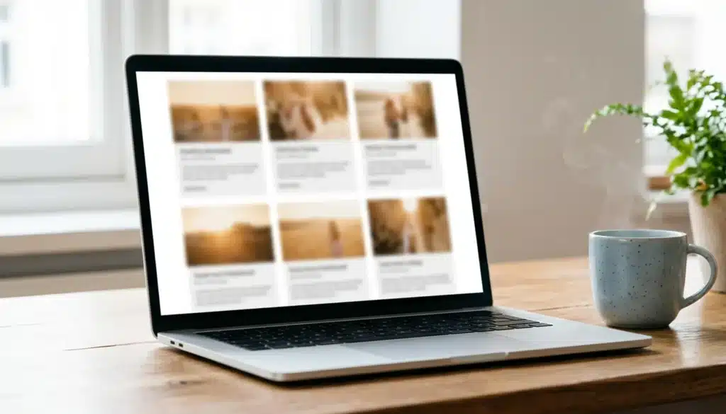 Laptop showing an abstract photo-gallery layout, illustrating vacation rental marketing strategies for Chipping Norton hosts