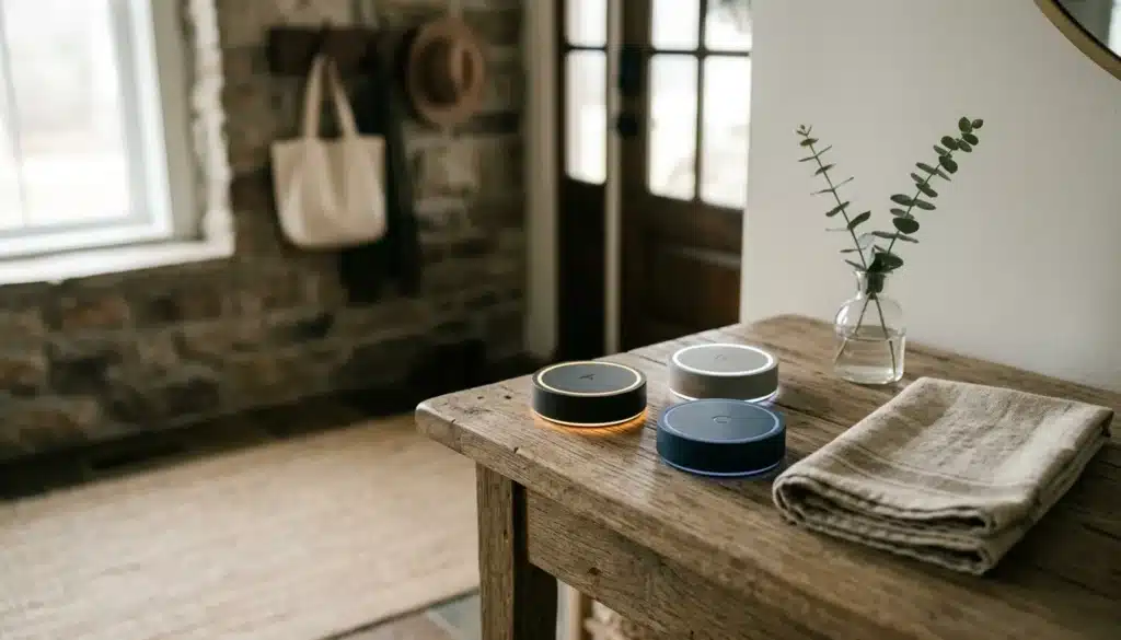 Three glowing smart-home hubs representing airbnb competitor platforms on a vacation rental entry table