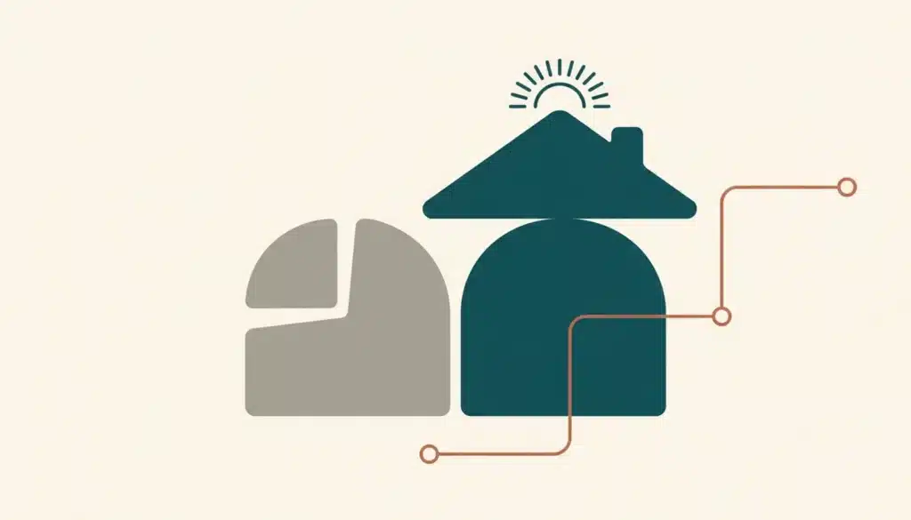 Abstract illustration of connected shapes and a branching line representing airbnb marketing strategies for direct bookings