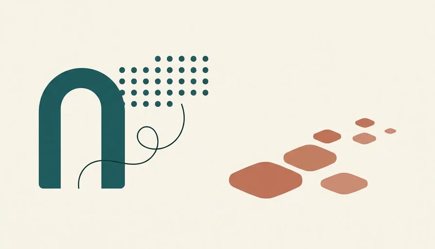 Abstract illustration of a teal doorway arch and calendar dots representing book direct booking versus a smaller distant shape cluster