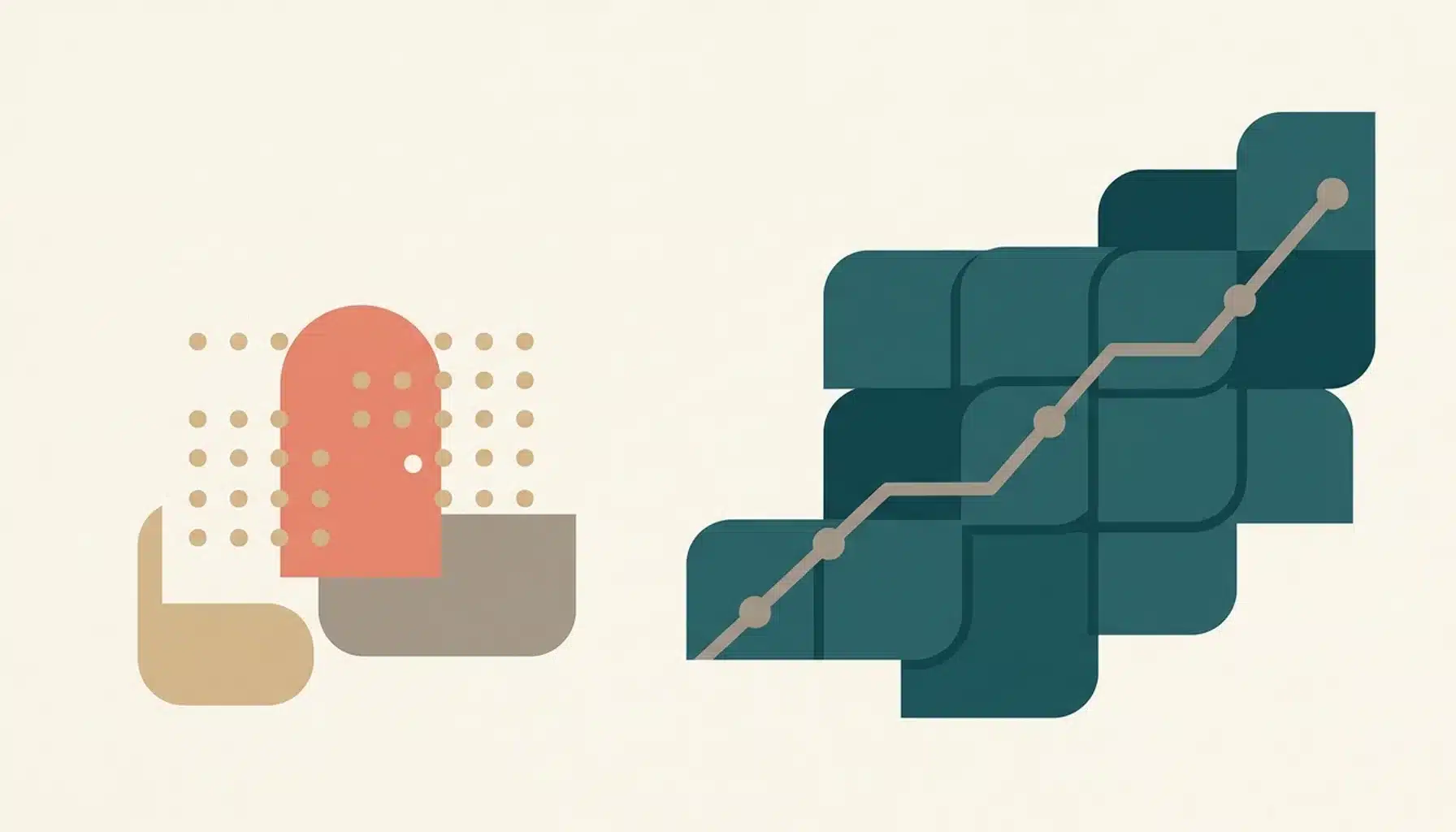 Abstract illustration contrasting two booking examples with a rising teal path versus a smaller coral calendar-arch cluster