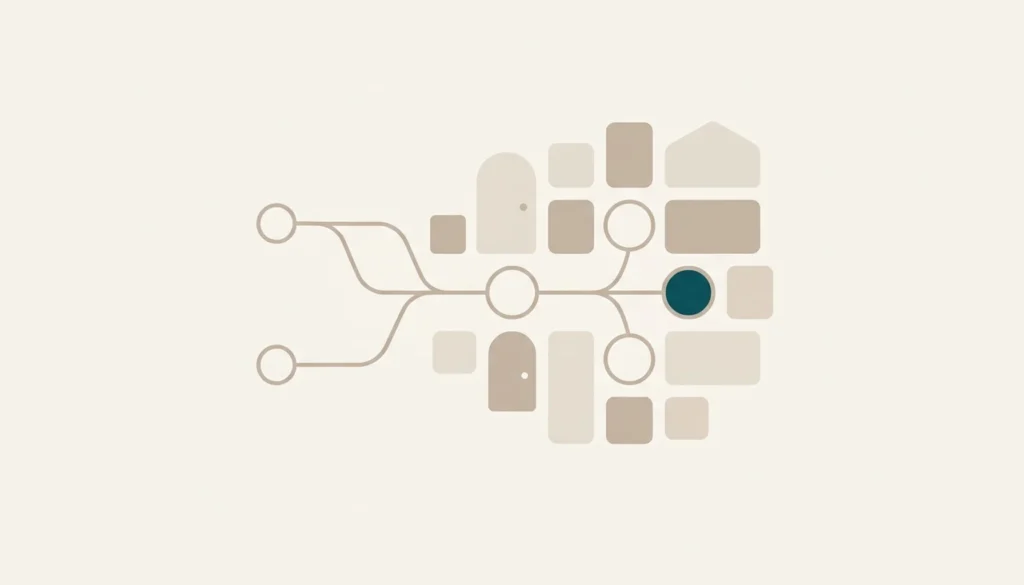 Abstract illustration of connected shapes symbolizing booking software for rentals integrating guest and property systems