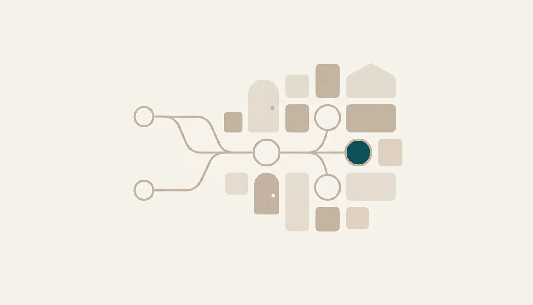 Abstract illustration of connected shapes symbolizing booking software for rentals integrating guest and property systems