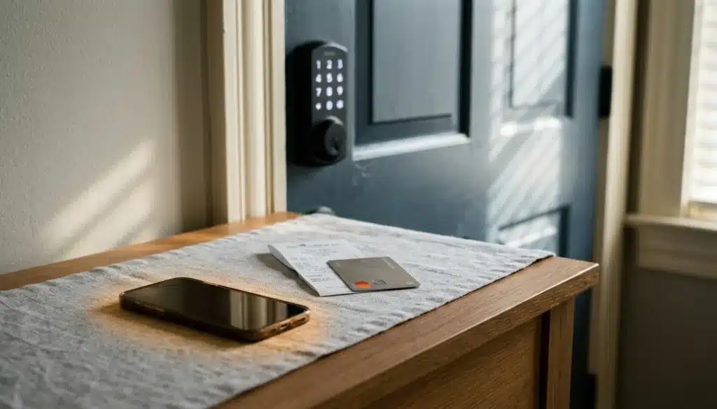 Phone with soft glow beside a card slip on an entry table, symbolizing a direct booking strategy