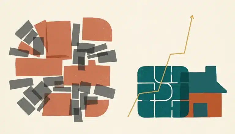 Flat illustration comparing direct booking vs Airbnb fees through two unequal geometric shape clusters