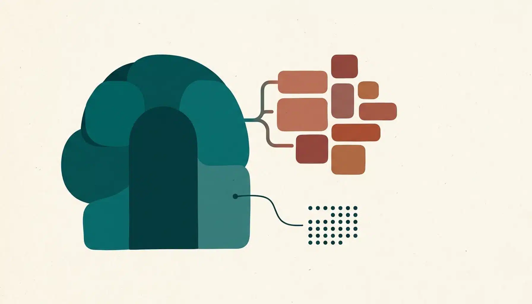 Abstract illustration of a direct PMS connecting a doorway shape to booking nodes and a calendar grid
