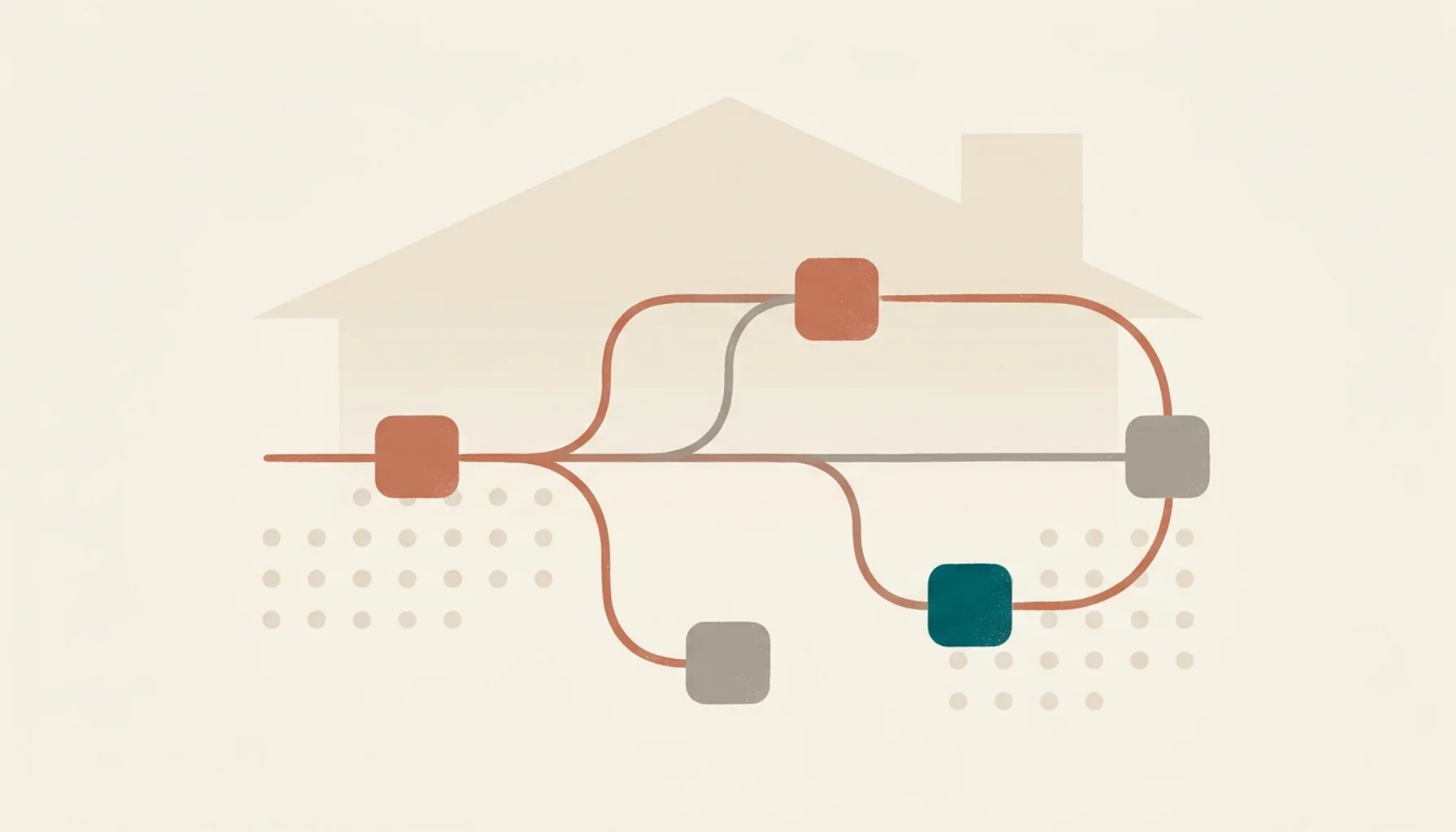 Abstract illustration of connected nodes and a flat roofline showing how to automate Airbnb business workflows