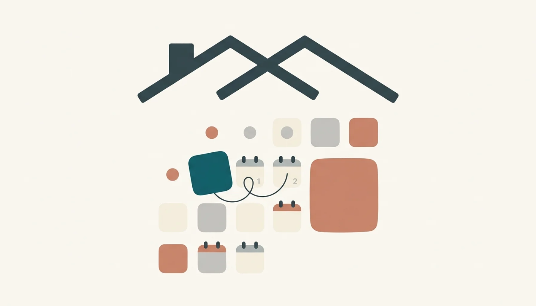 Abstract illustration of a flat rooftop shape and connected setup nodes representing how to set up Airbnb hosting