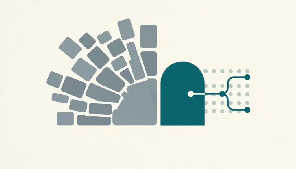 Abstract illustration contrasting scattered commission shapes with a synced direct booking platform for hosts minimizing commission costs