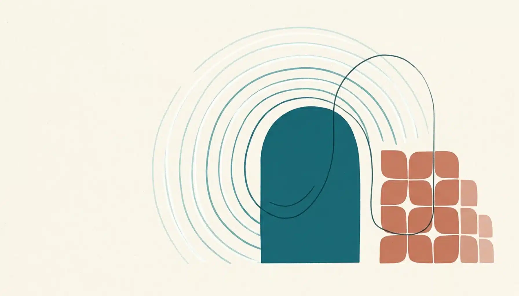 Abstract STR marketing illustration showing a teal doorway shape radiating arcs beside a shrinking terracotta tile cluster