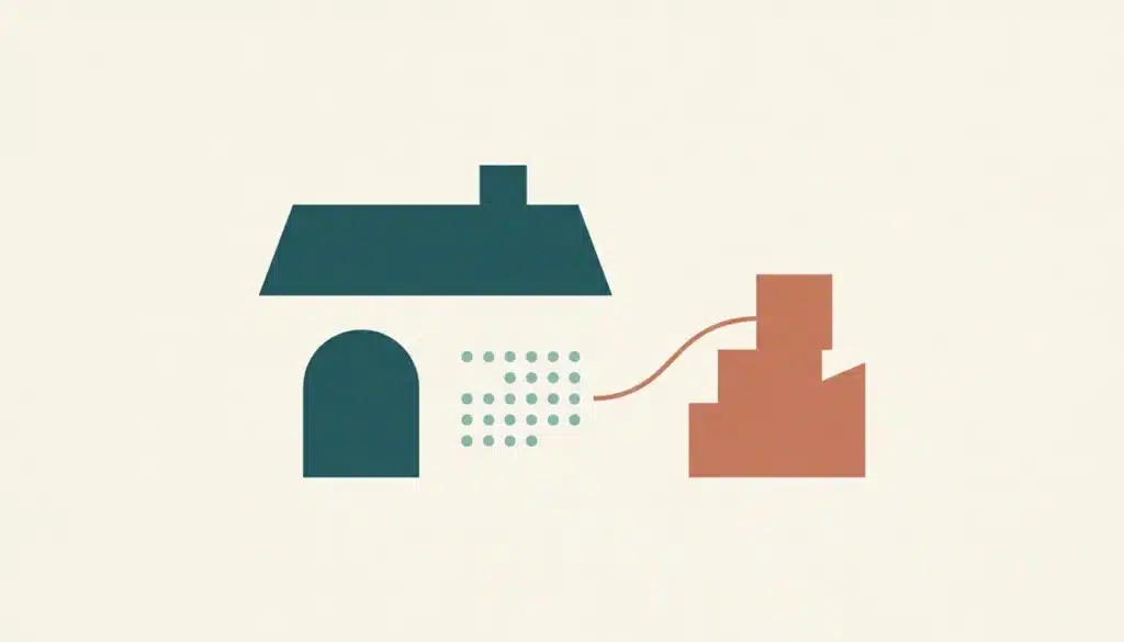 Abstract flat illustration symbolizing an STR website with a house silhouette and rising line connecting bookings